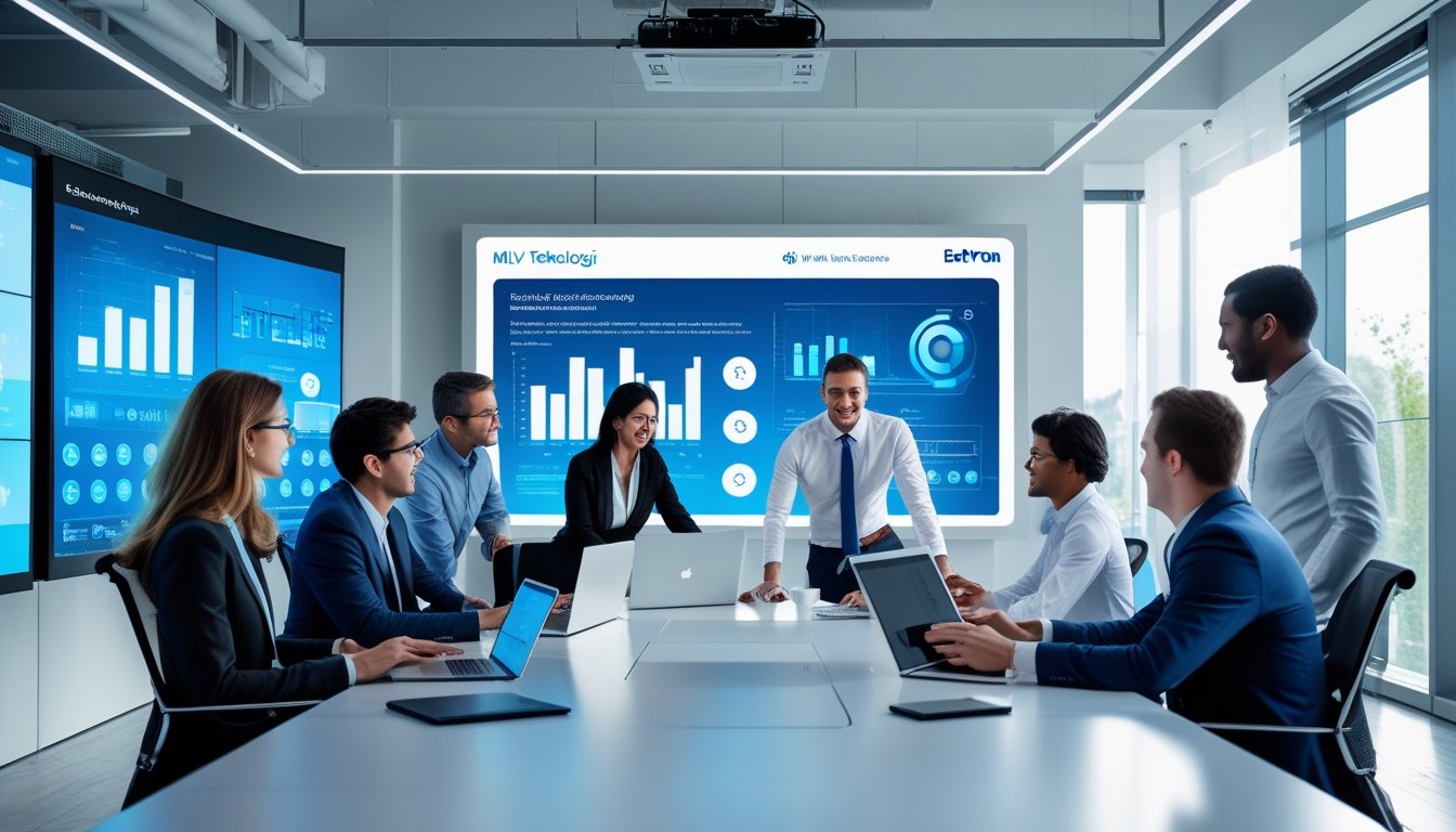 Sekelompok profesional sedang berdiskusi di ruang rapat modern dengan perangkat digital dan layar besar yang menampilkan data dan antarmuka pengguna.