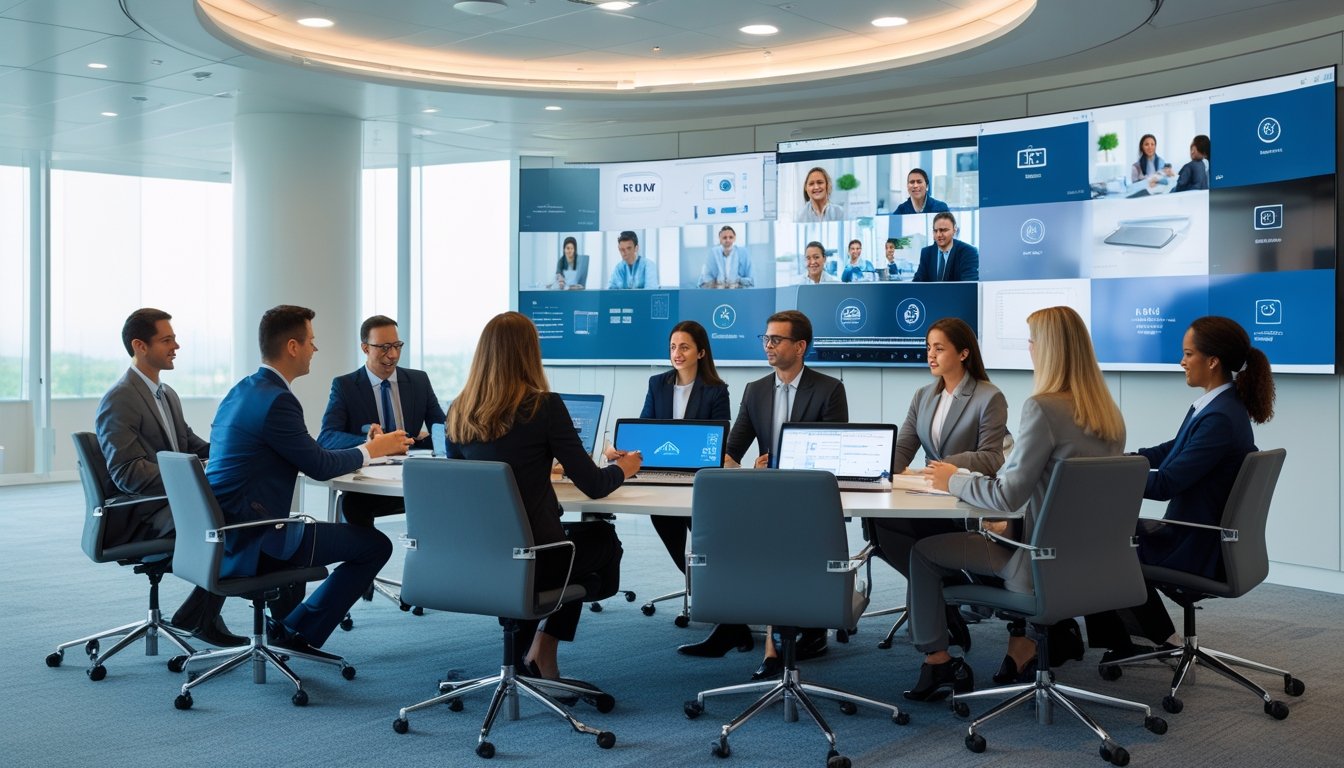 Sekelompok profesional bisnis sedang rapat di ruang konferensi modern dengan teknologi audiovisual canggih.