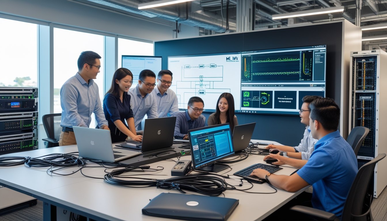 Tim profesional sedang bekerja sama mengelola proyek sistem AV kompleks di ruang kantor dengan peralatan teknis dan layar monitor.