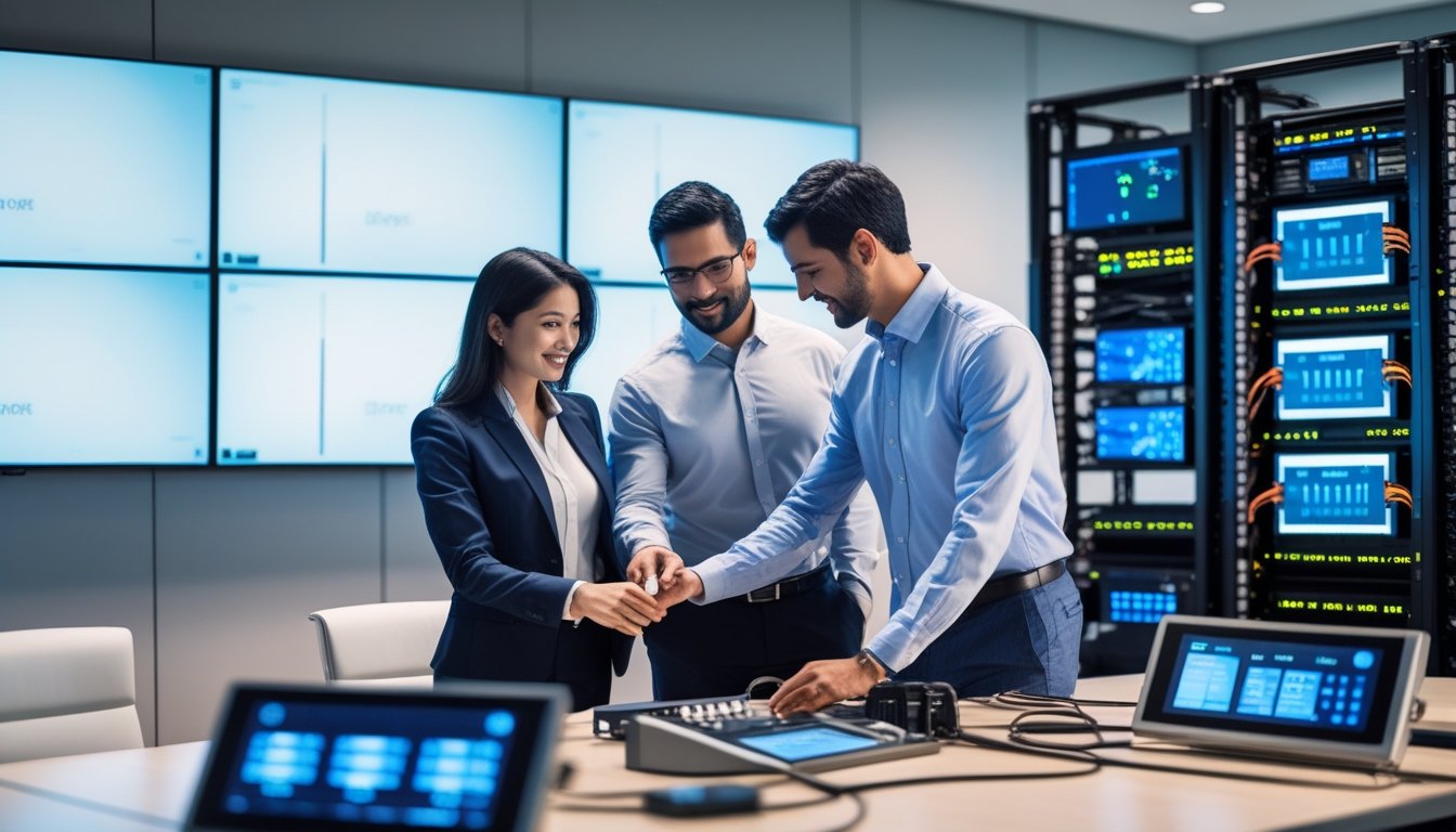 Dua profesional sedang bekerja bersama di ruang konferensi modern dengan peralatan sistem audiovisual canggih.