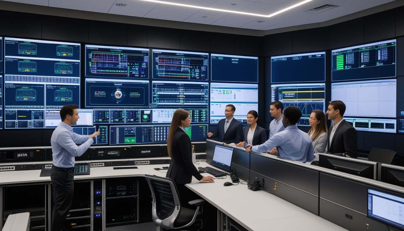 Ruang kontrol audiovisual modern dengan profesional yang sedang mengelola sistem AV canggih menggunakan perangkat Extron.