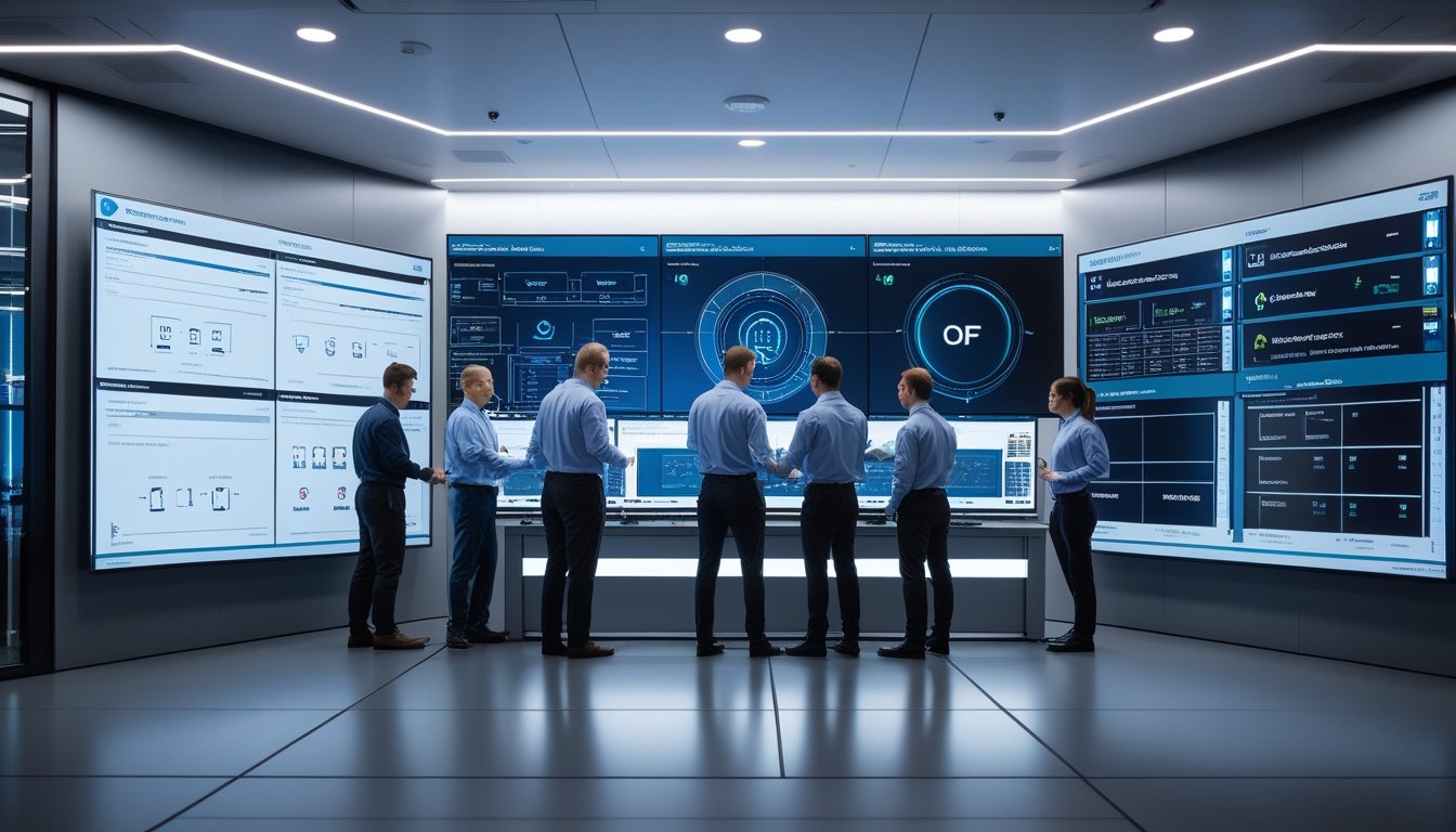 Tim profesional sedang bekerja sama di ruang kontrol modern dengan peralatan AV canggih dan layar besar yang menampilkan diagram sistem dan data keamanan.
