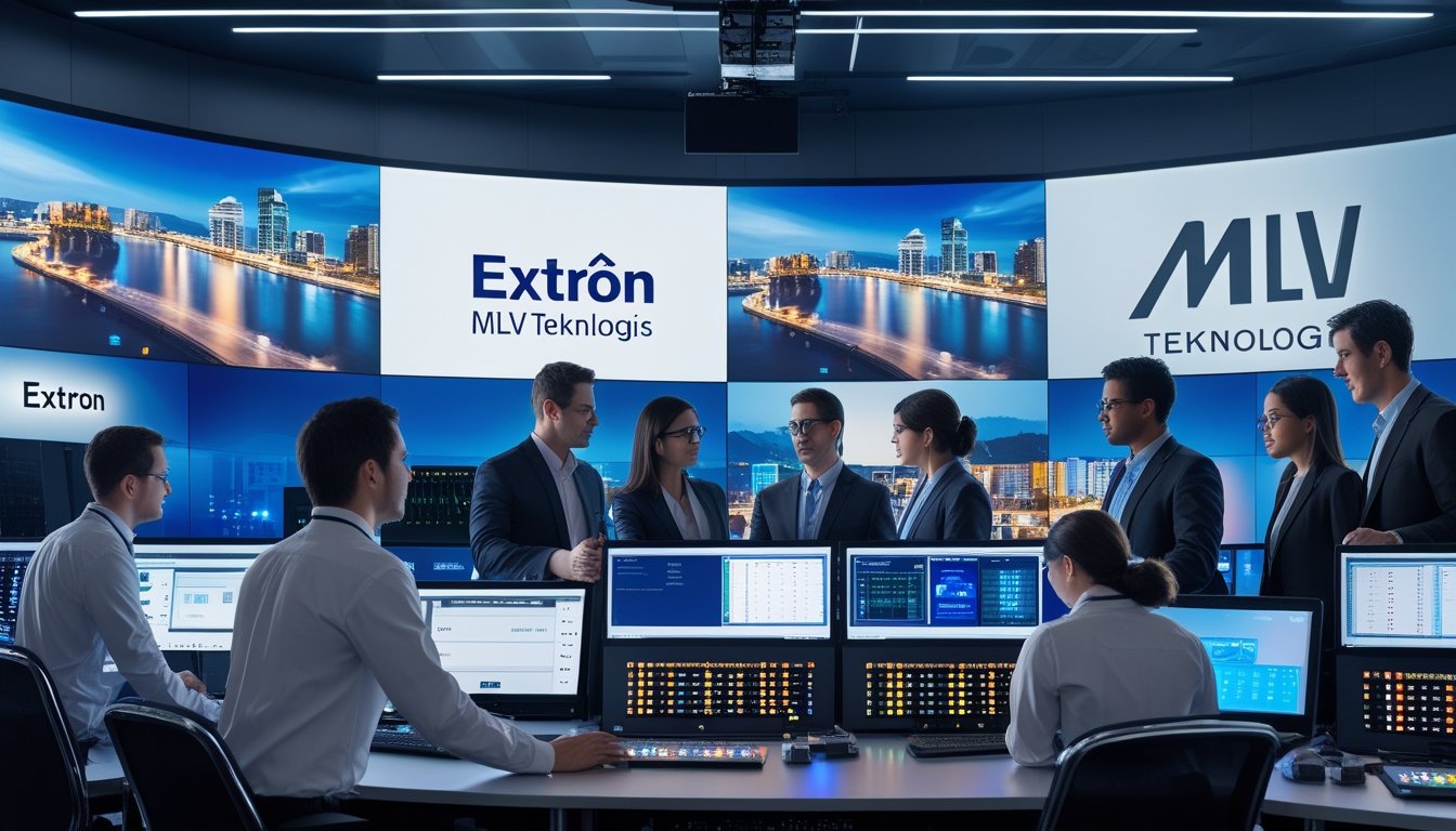 Ruang kontrol AV modern dengan peralatan Extron dan tim teknisi yang sedang bekerja mengoperasikan sistem audiovisual.