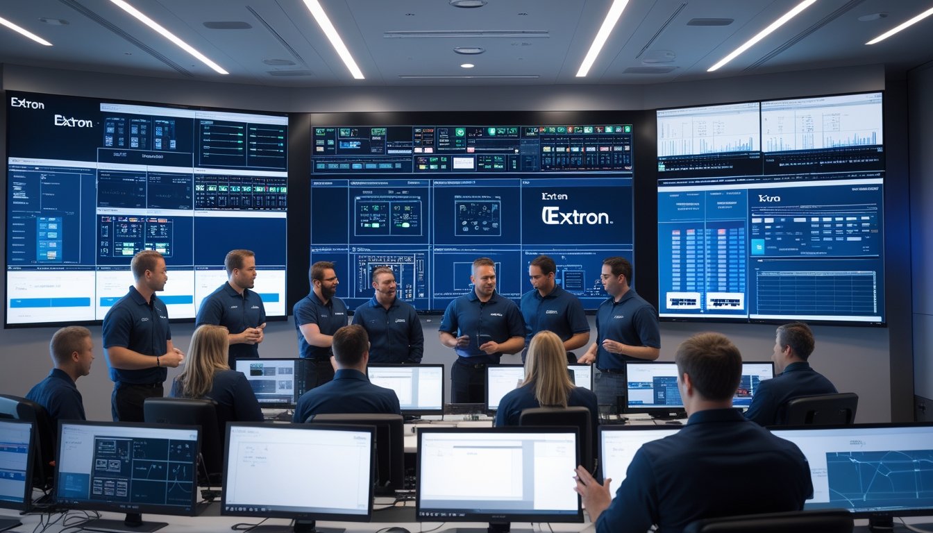 Ruang kontrol AV modern dengan teknisi yang bekerja menggunakan peralatan AV canggih dan layar sentuh besar, menggambarkan sistem AV terintegrasi.