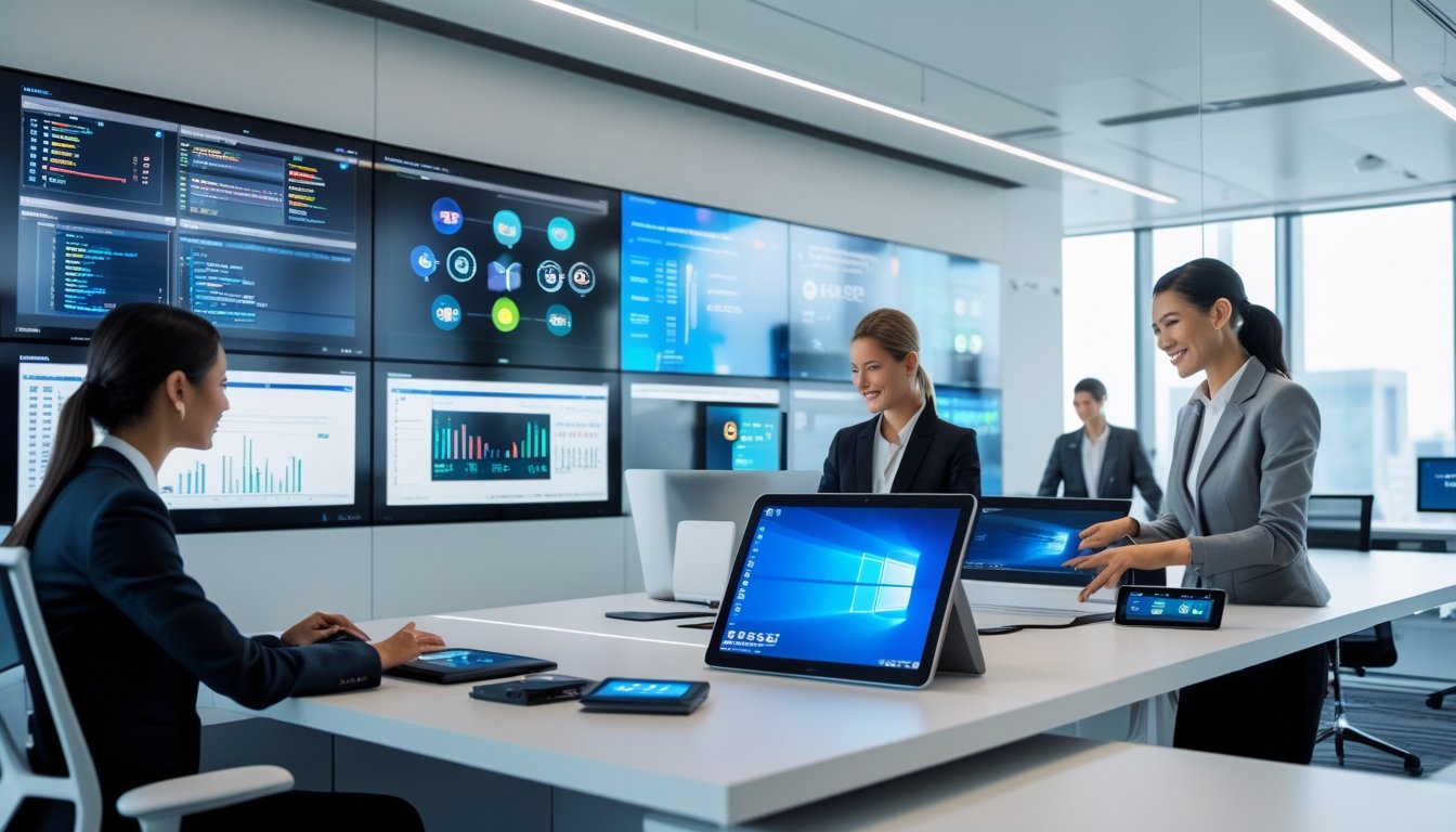 Suasana kantor modern dengan profesional yang menggunakan teknologi AV canggih dan perangkat digital untuk bekerja secara kolaboratif.