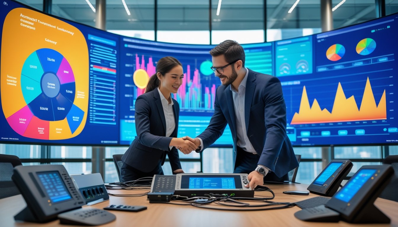 Dua profesional bisnis sedang bekerja sama dengan peralatan teknologi audiovisual canggih di ruang konferensi modern.