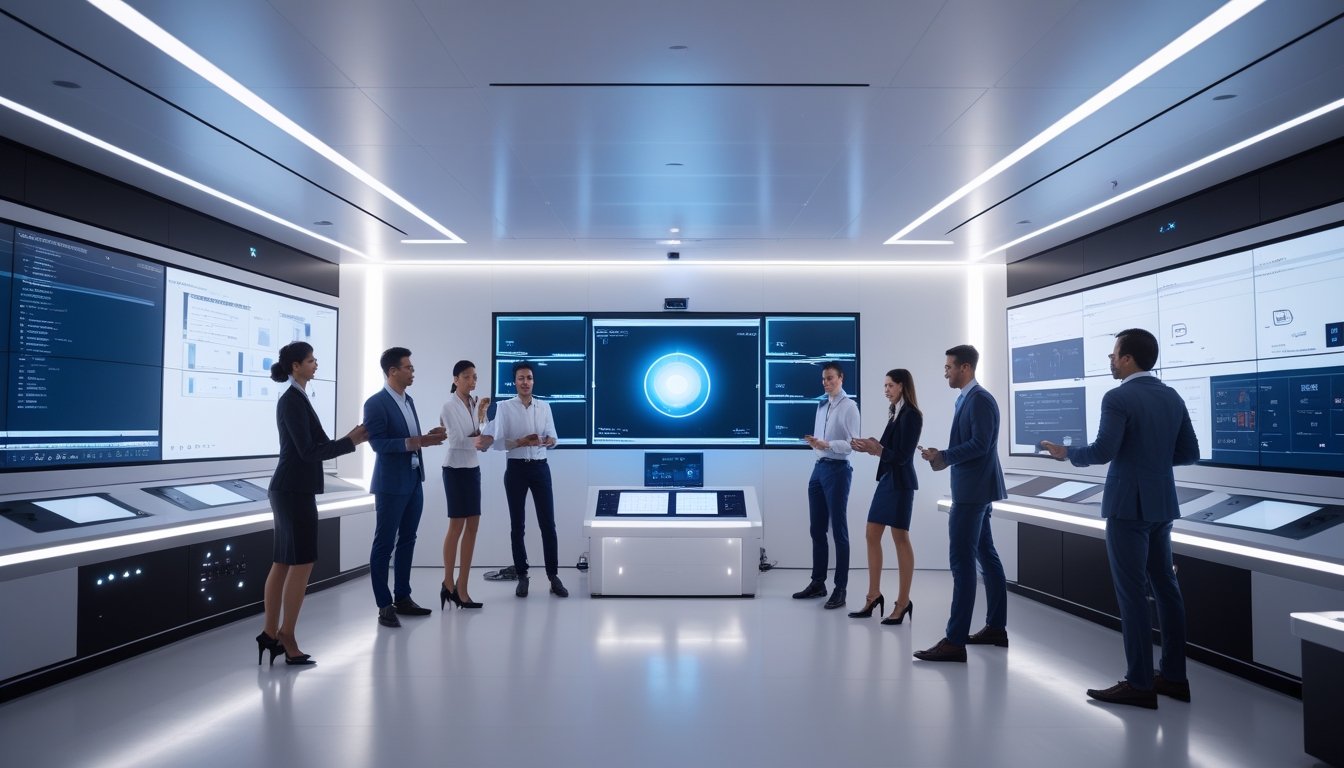 Ruang kontrol audiovisual modern dengan peralatan canggih dan tim profesional yang bekerja sama menggunakan teknologi terbaru.