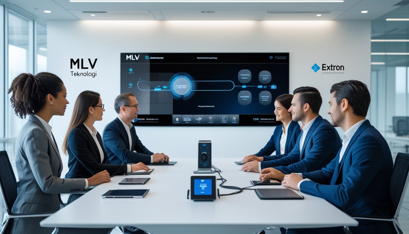 Sekelompok profesional bisnis sedang berdiskusi di ruang konferensi modern dengan teknologi audiovisual canggih.