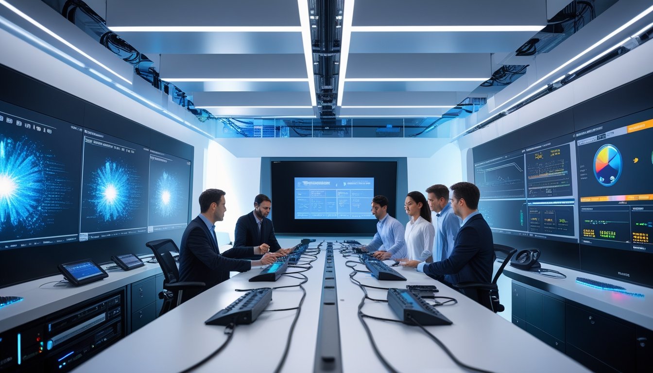 Ruangan kontrol AV modern dengan beberapa profesional yang sedang bekerja bersama di depan layar besar dan peralatan teknologi canggih.