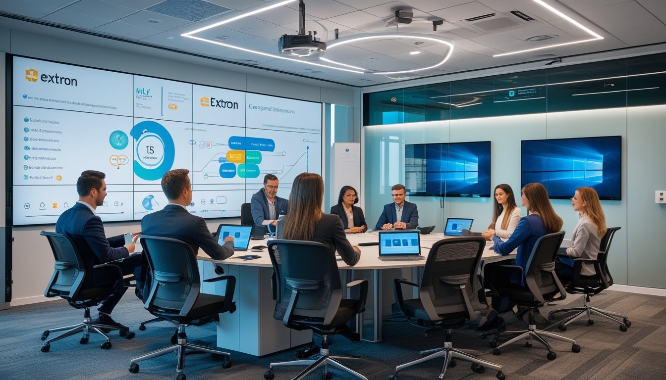 Ruang kantor modern dengan beberapa profesional yang sedang melakukan rapat menggunakan teknologi audiovisual canggih dan perangkat kolaborasi.