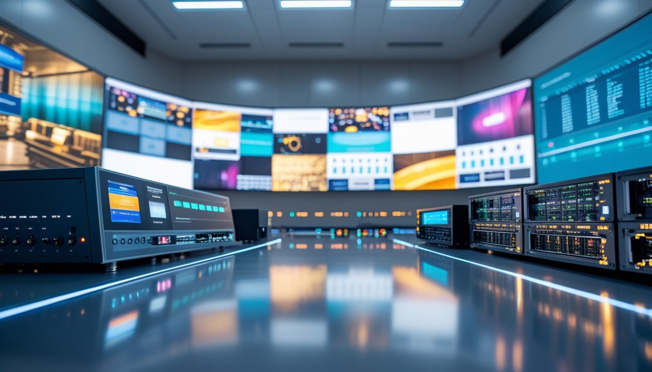 Ruang kontrol teknologi audiovisual dengan layar video besar, perangkat pemrosesan video, dan peralatan pemrosesan audio yang teratur dan modern.