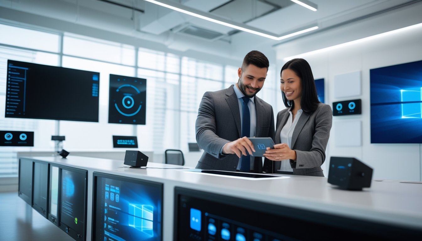 Dua profesional sedang bekerja bersama dengan peralatan audiovisual modern di kantor yang terang dan minimalis.