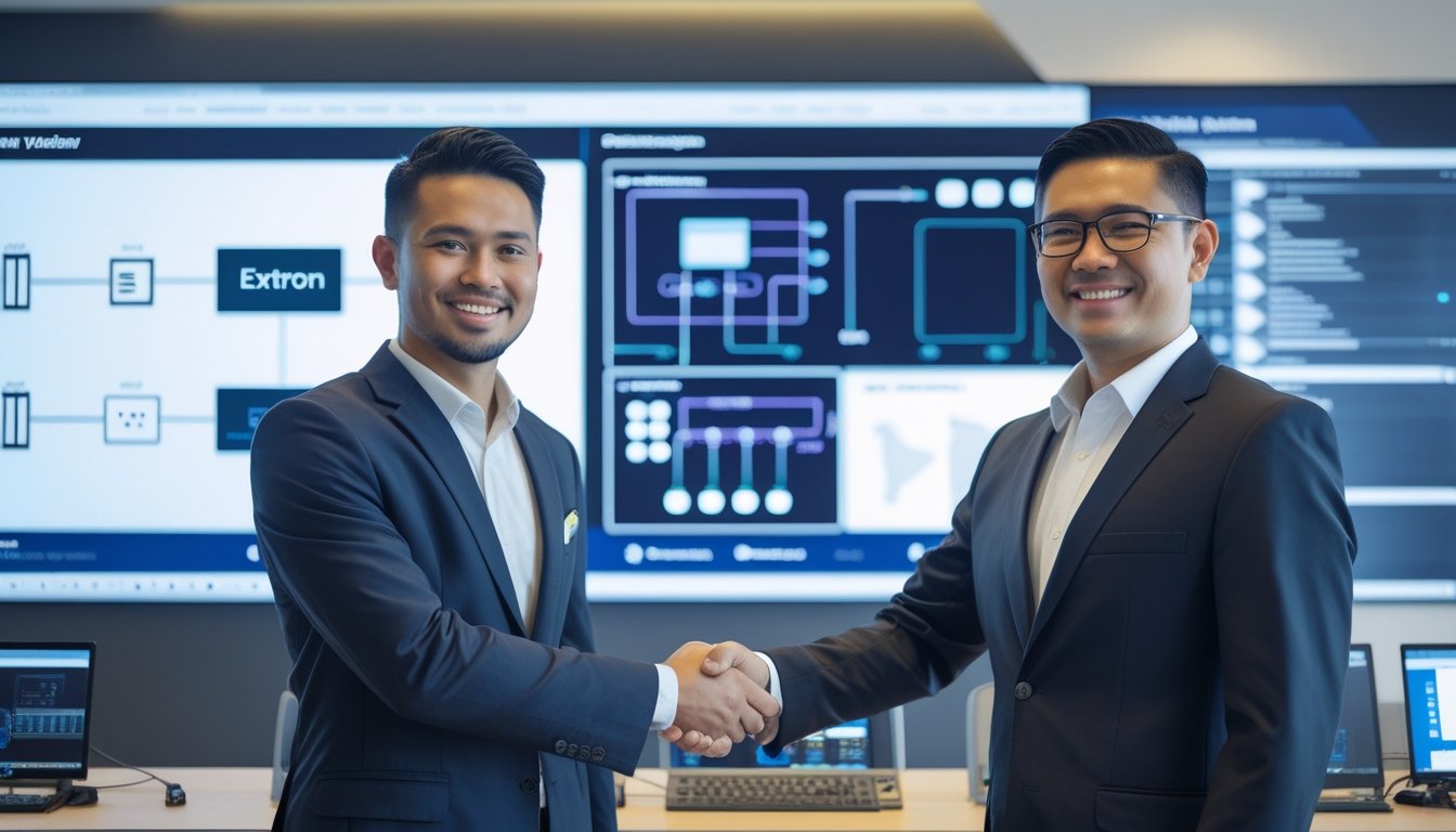 Dua profesional bisnis berjabat tangan di kantor modern dengan layar digital yang menampilkan diagram sistem audiovisual dan peralatan teknologi di latar belakang.