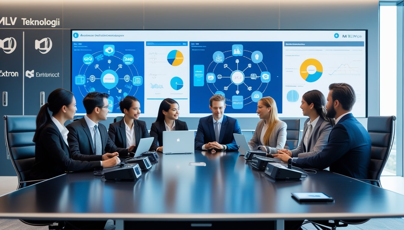 Sekelompok profesional bisnis sedang berdiskusi di ruang konferensi modern dengan layar digital besar dan perangkat teknologi audiovisual canggih.