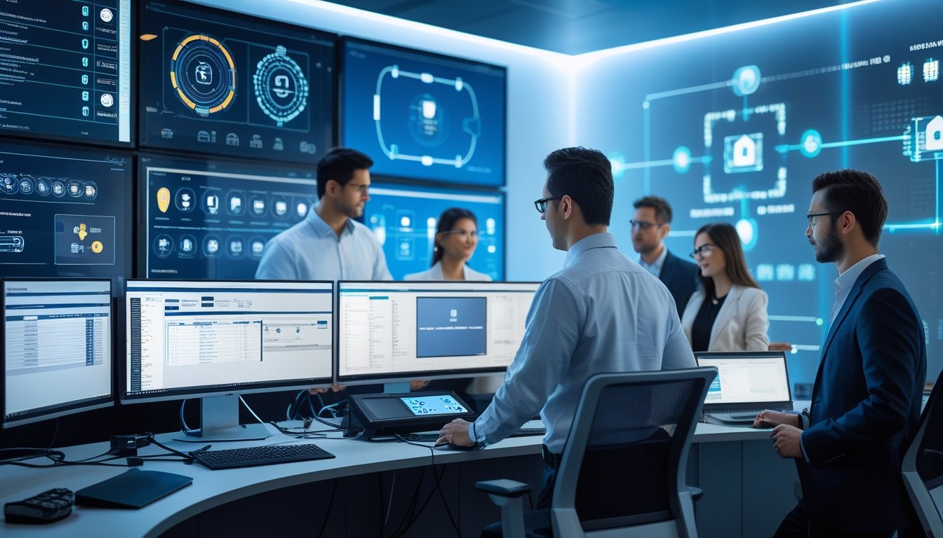 Ruang kontrol modern dengan profesional yang bekerja bersama pada peralatan teknologi audiovisual canggih dan monitor besar menampilkan antarmuka sistem AV.