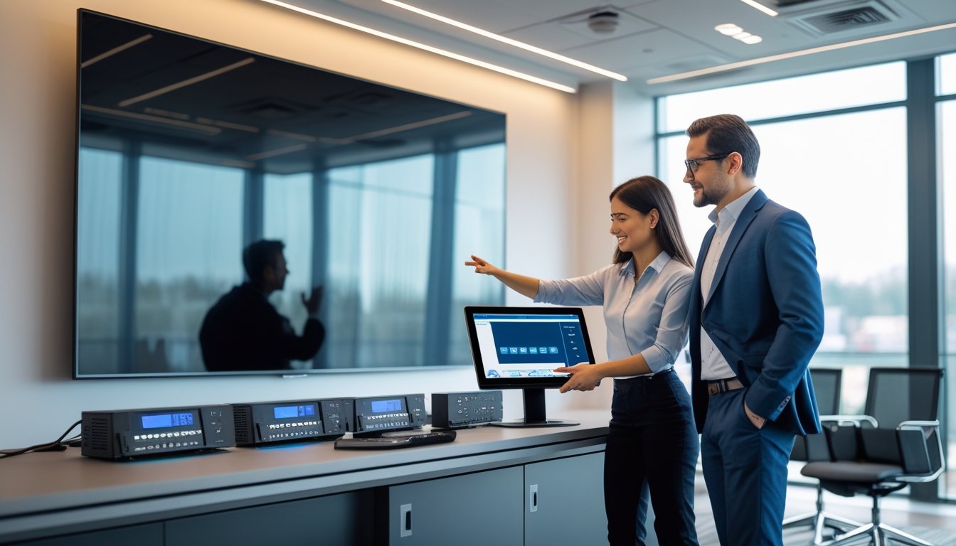 Dua profesional sedang bekerja sama di ruang konferensi modern dengan peralatan audiovisual canggih yang terpasang di dinding dan meja.