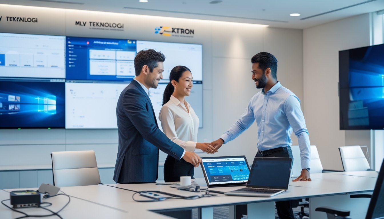 Dua profesional sedang bekerja bersama di ruang konferensi modern dengan perangkat sistem AV dan layar besar yang menampilkan konten audiovisual.