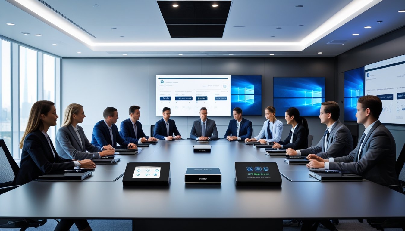 Ruang konferensi modern dengan profesional yang bekerja sama menggunakan teknologi AV canggih dan layar besar.
