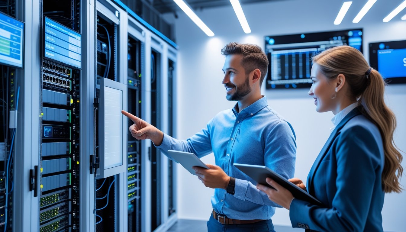 Dua profesional bekerja sama di ruang kontrol AV modern dengan peralatan teknologi tinggi dan layar digital, menunjukkan integrasi sistem AV yang efisien dan aman.