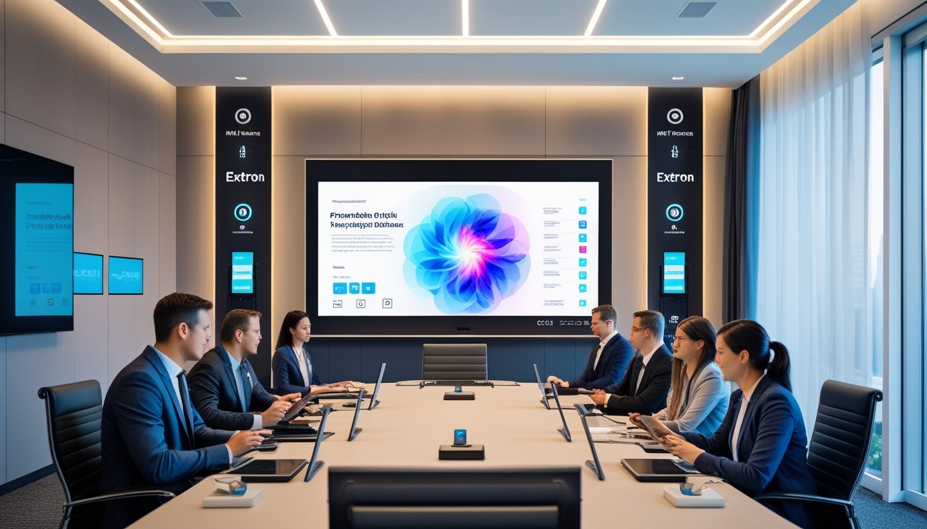 Ruang konferensi modern dengan layar digital besar dan perangkat teknologi presentasi, di mana beberapa profesional bisnis sedang rapat.