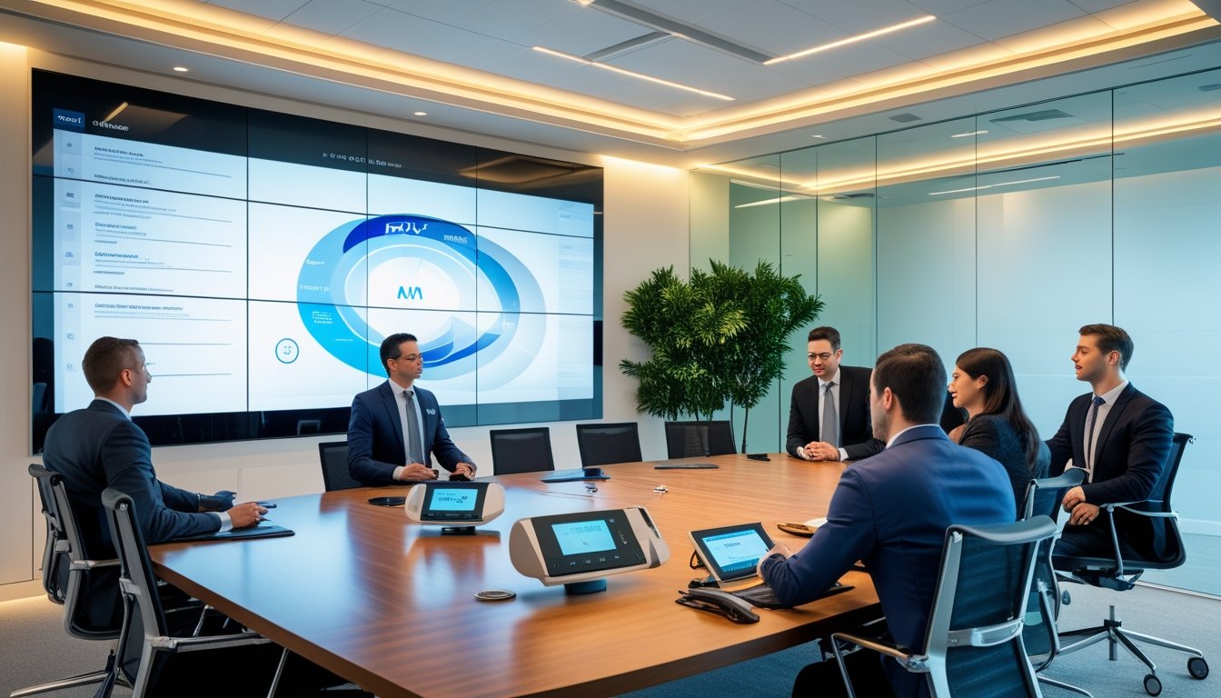 Ruang konferensi modern dengan layar besar dan perangkat teknologi canggih, di mana beberapa profesional sedang melakukan presentasi.