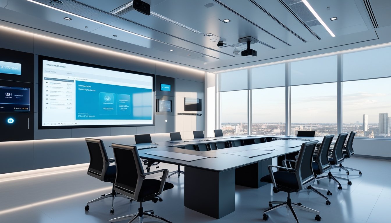 Ruang konferensi kantor modern dengan layar besar, perangkat audiovisual canggih, dan peralatan manajemen ruang yang terpasang rapi.