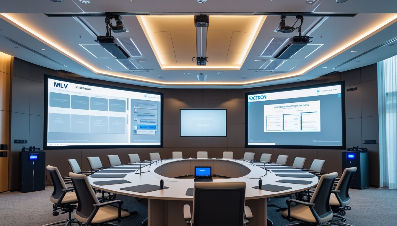 Ruang konferensi modern dengan perangkat audiovisual canggih dan layar besar, kursi ergonomis di sekitar meja rapat, dan teknologi terintegrasi untuk presentasi dan komunikasi.