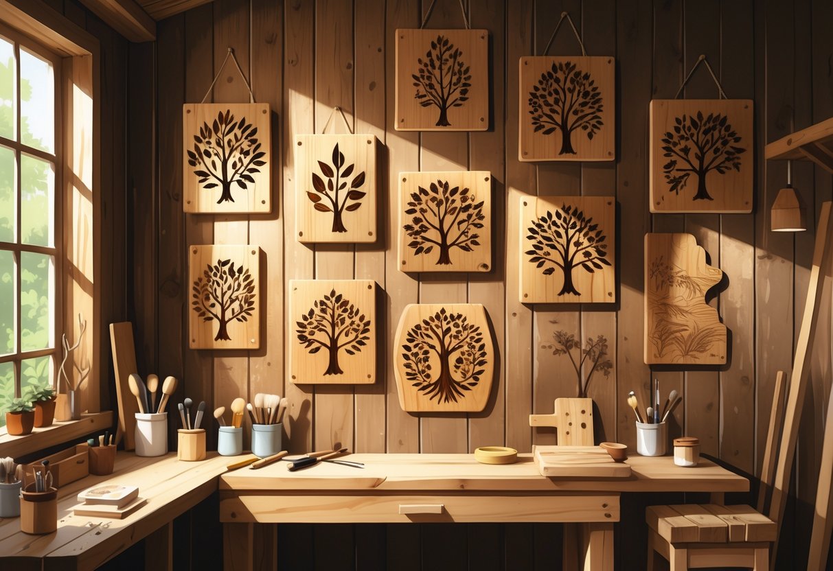 A cozy home interior showing wood-burned wall art with nature and geometric designs on a wooden wall, along with wood-burning tools on a workbench nearby.