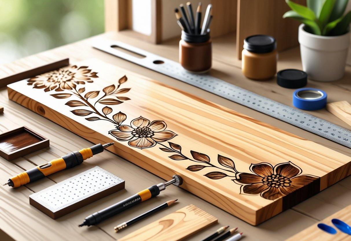 A wooden workspace with a wood-burned wooden plank surrounded by a wood-burning pen, sanding block, pencil, ruler, stencils, wood stain containers, safety gloves, and a dust mask.