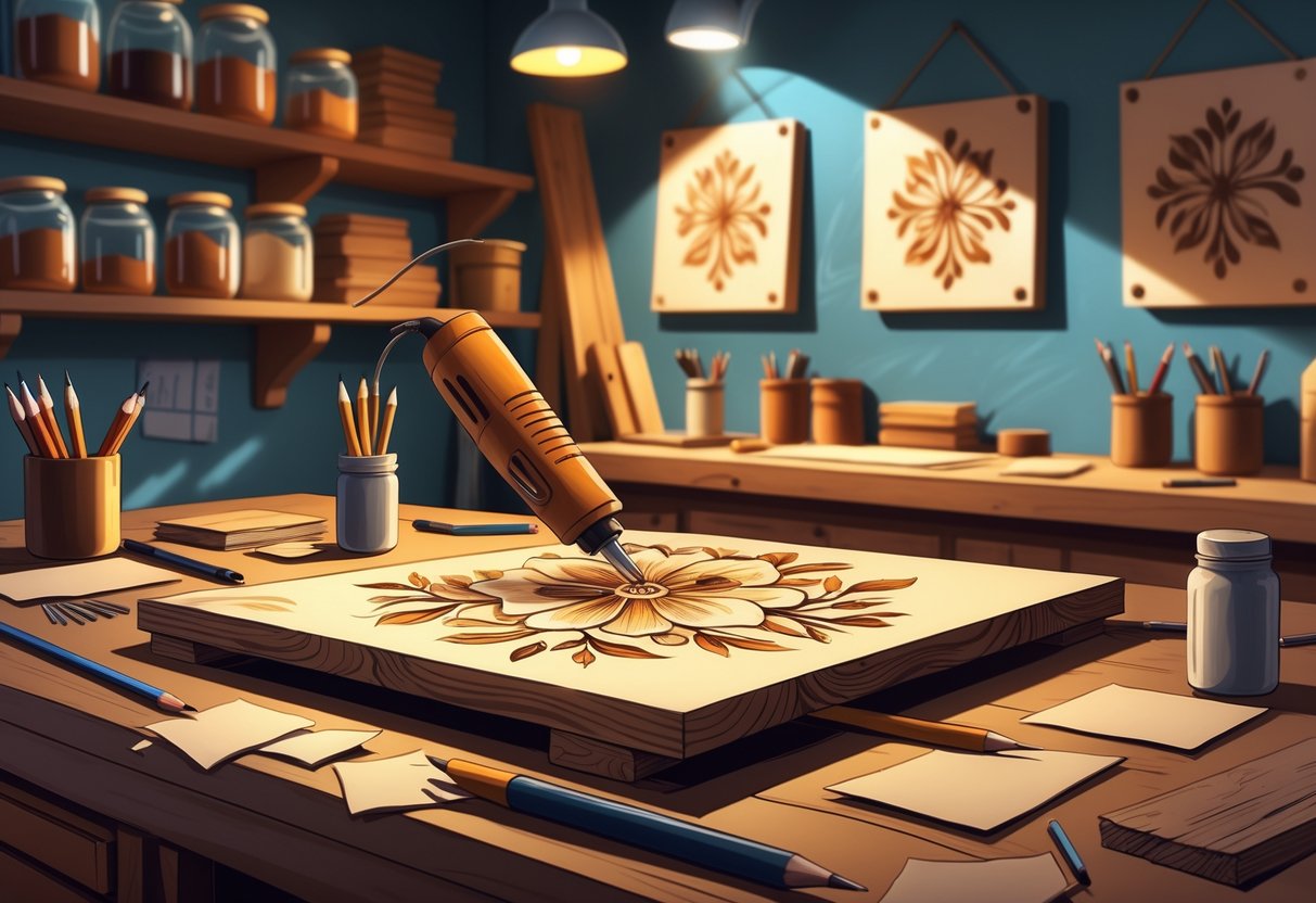A wooden plank on a workbench being decorated with a floral design using a wood-burning tool, surrounded by crafting tools in a cozy room.