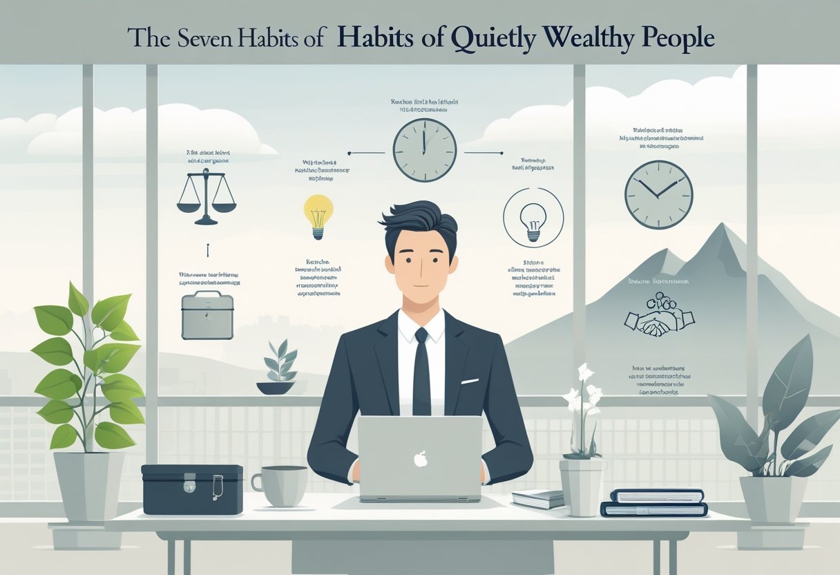 A calm person sitting at a desk with symbolic items around them representing habits like growth, fairness, time, ideas, security, trust, and achievement in a peaceful office setting.
