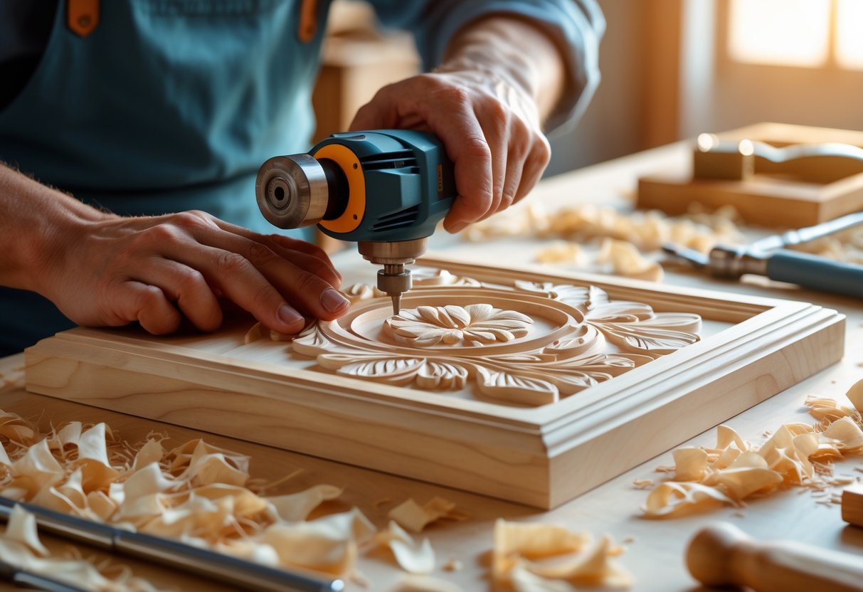 Hands using a rotary carving tool to create a detailed 3D floral design on a wooden plaque on a workbench.