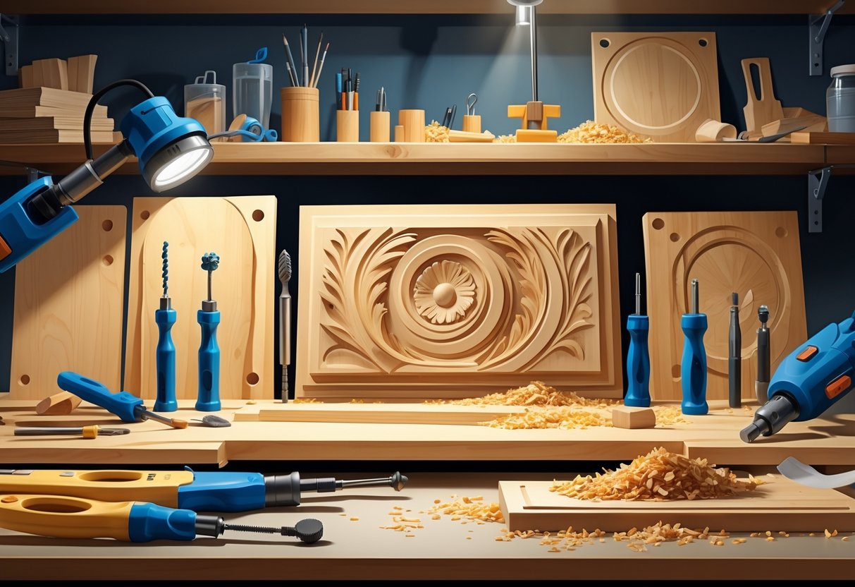 A workbench with rotary carving tools, wooden plaques in various stages of relief carving, wood shavings, and safety gear in a workshop.