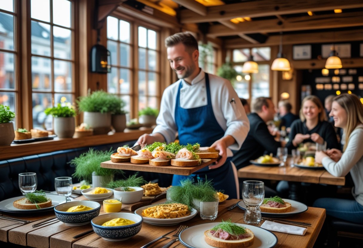 A traditional Danish restaurant table in Copenhagen with classic Danish dishes and diners enjoying their meal.