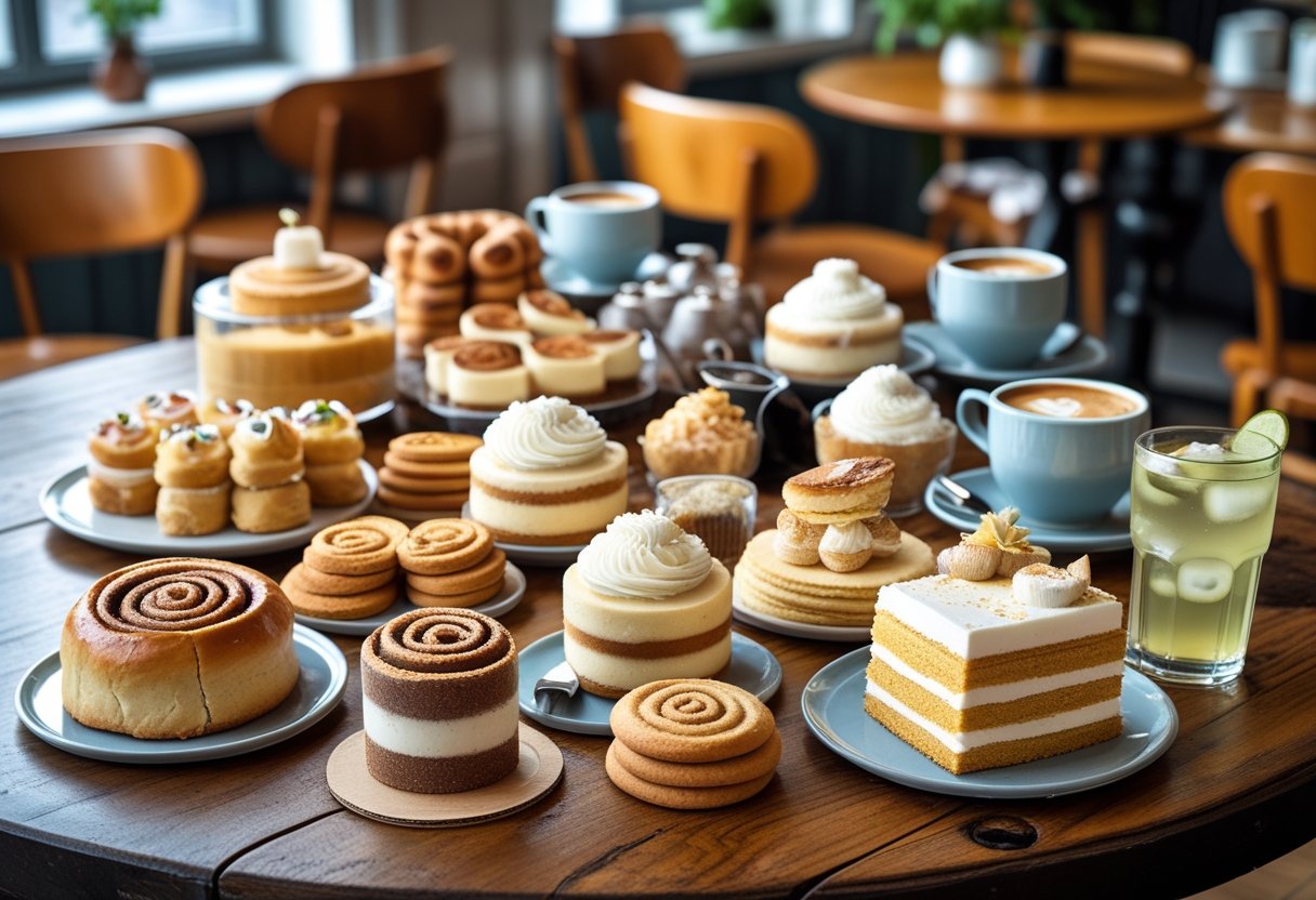 A table with traditional Danish pastries and drinks in a cozy café setting.