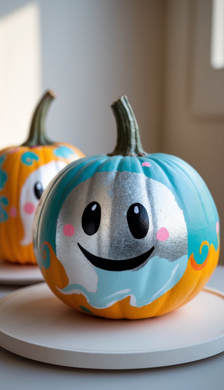 One to two painted pumpkins with ghost faces on a tabletop, brightly colored and detailed.