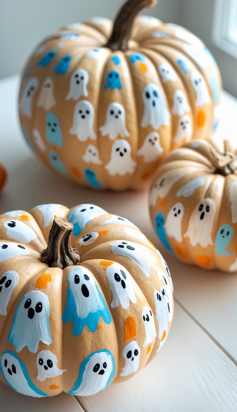Two large pumpkins on a table covered with many small painted ghost faces in bright colors.