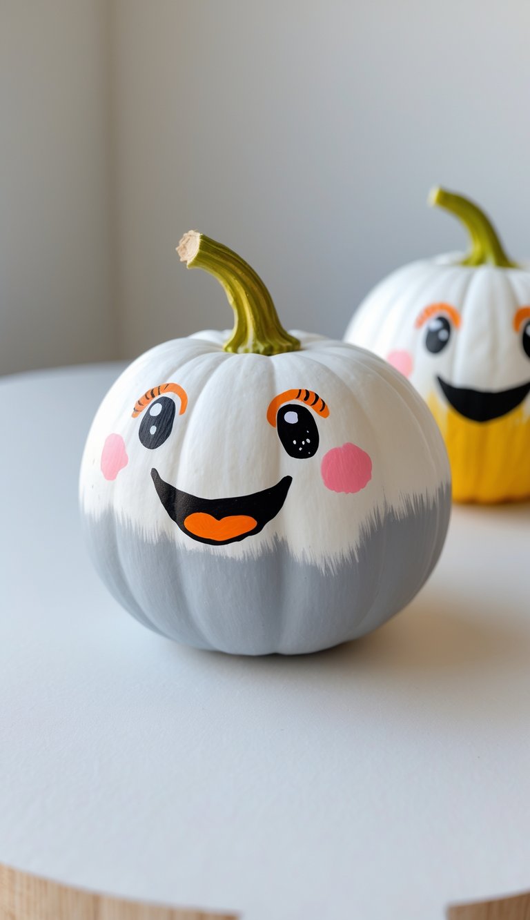 One to two painted pumpkins on a tabletop, decorated as ghost faces with a white to gray ombre effect.