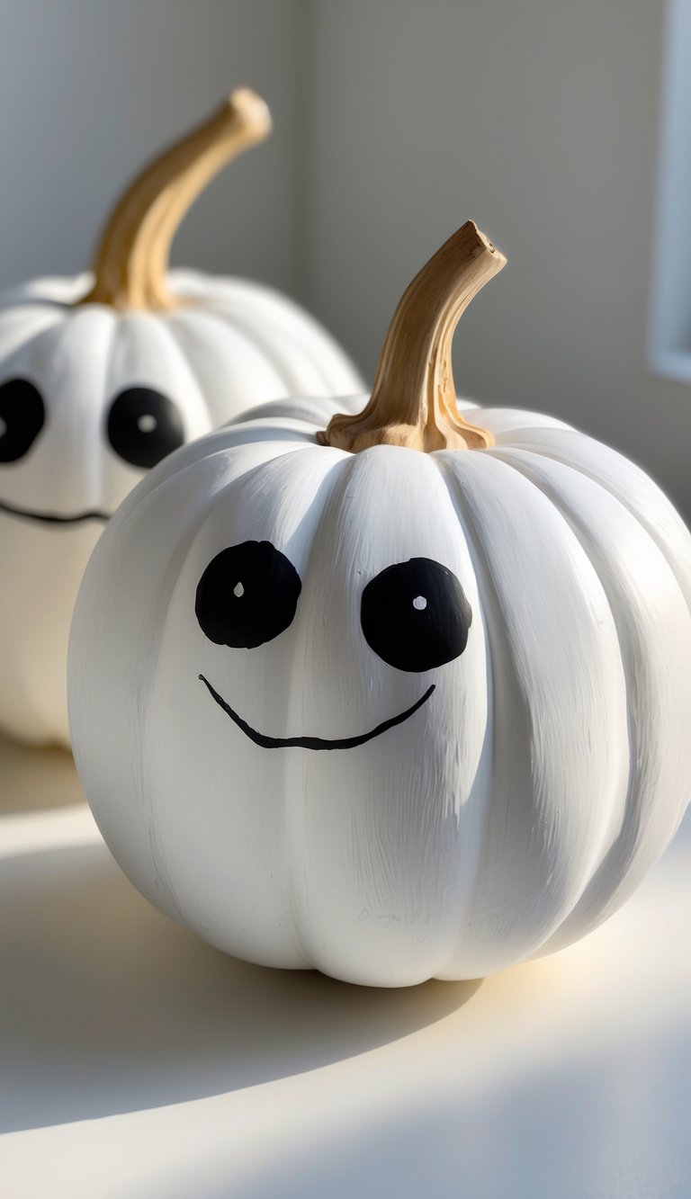 One to two white painted pumpkins with black polka dot eyes arranged on a tabletop.