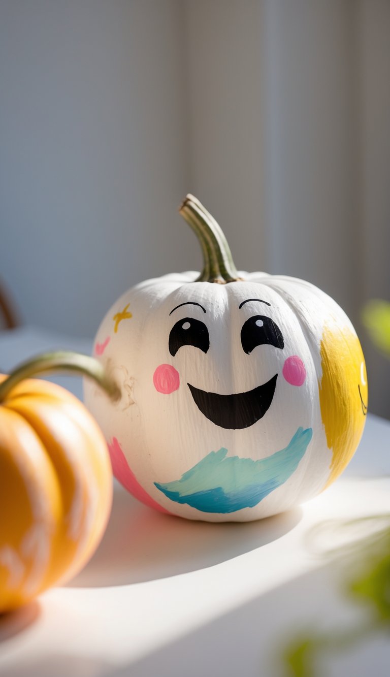 Close-up of one or two painted pumpkins with smiling crescent moon eyes on a tabletop.