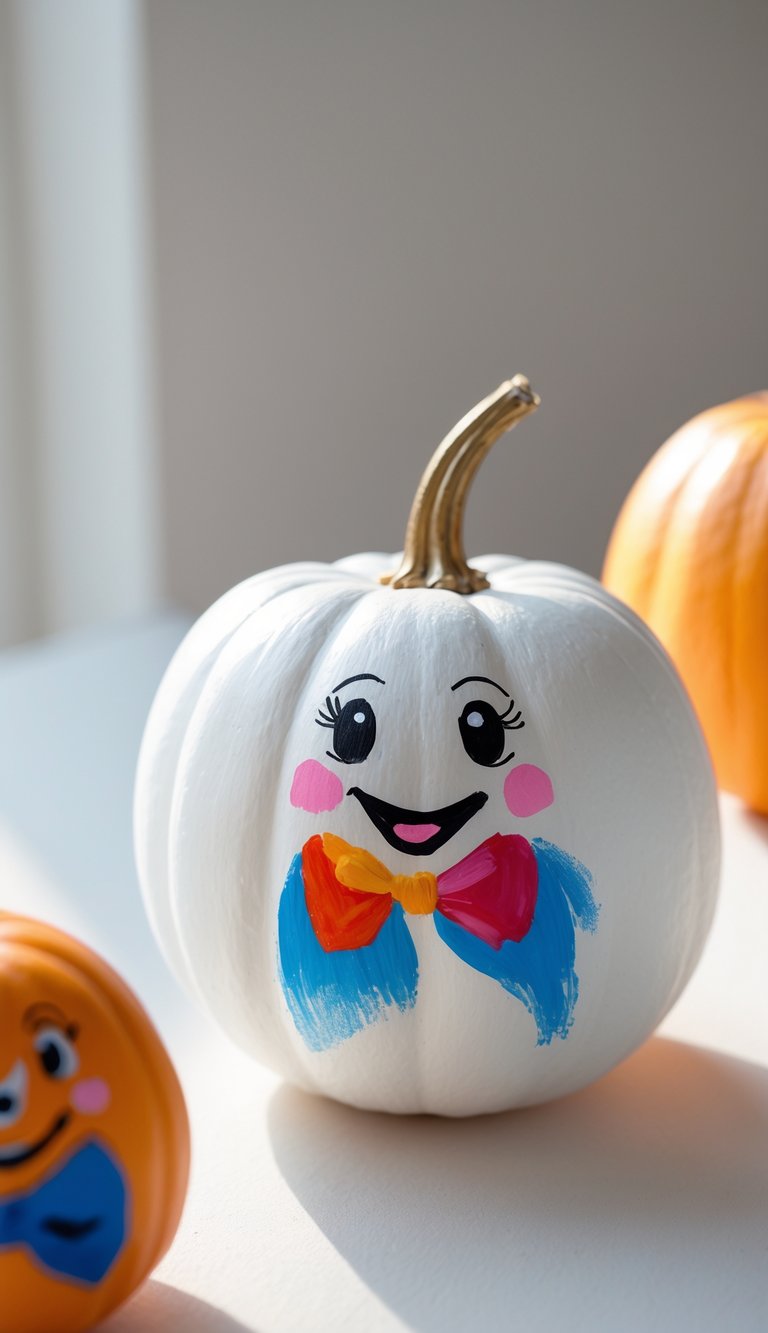 Close-up of one to two small pumpkins painted white as ghosts with colorful painted bow ties and smiling faces on a clean tabletop.