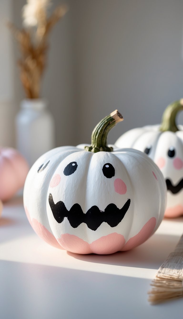 One to two white pumpkins painted with ghost faces and soft pink blush, displayed on a tabletop with soft natural light.