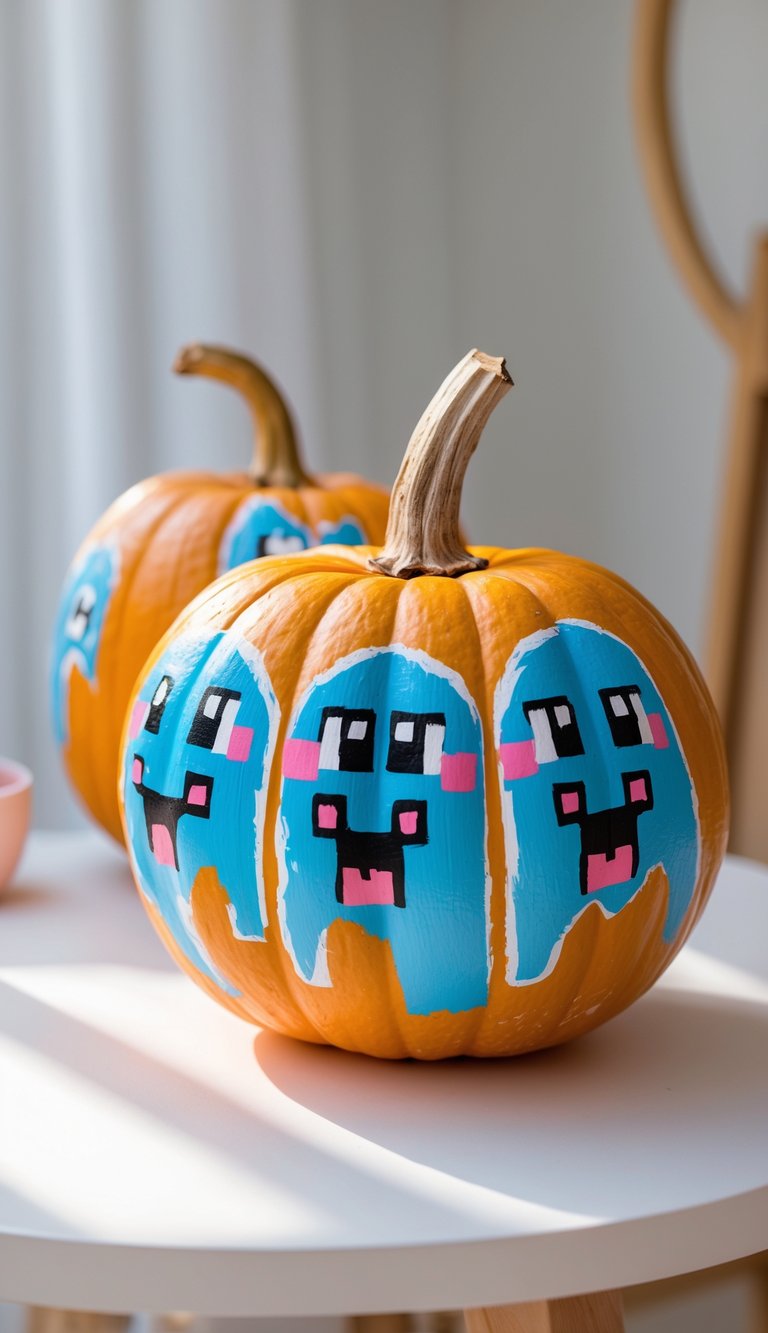 Close-up of one or two painted pumpkins with pixelated ghost faces on a tabletop.