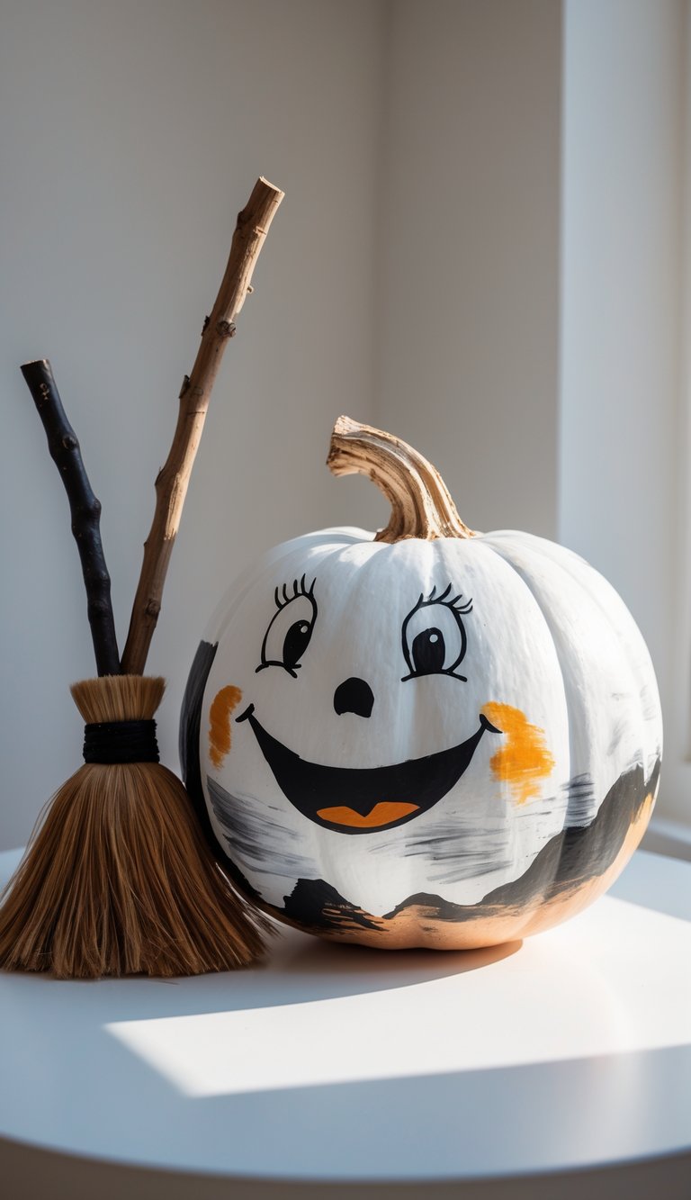 Close-up of one or two painted pumpkins on a table, one decorated as a ghost with a witch’s broom painted beside it.