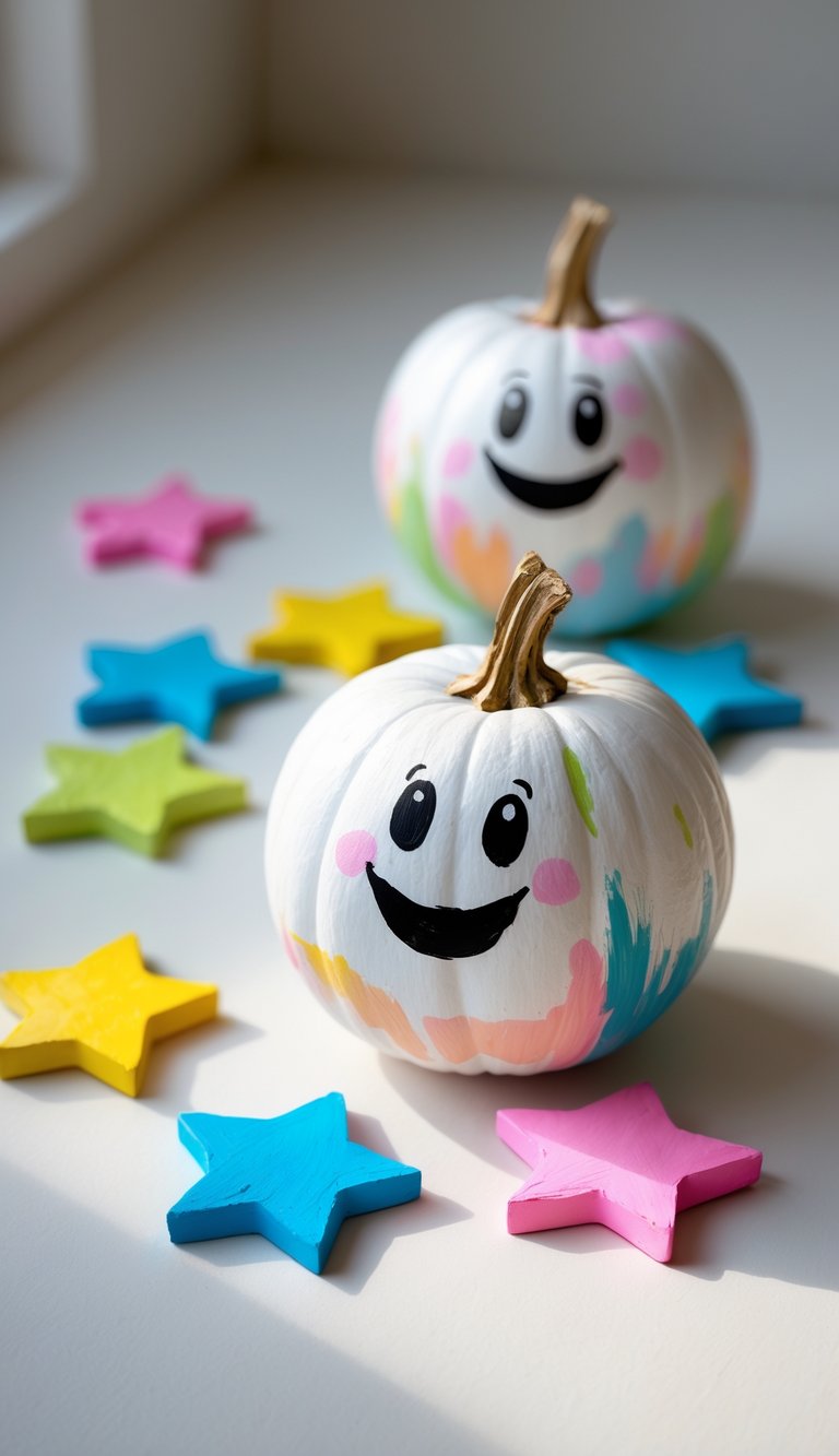 Close-up of one to two small pumpkins painted as happy ghosts surrounded by colorful painted stars on a tabletop.