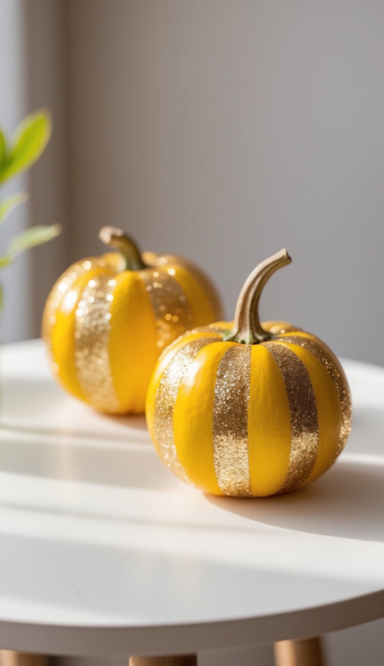 One to two small pumpkins painted with glittery gold stripes on a clean tabletop, shown in close-up with soft natural light.
