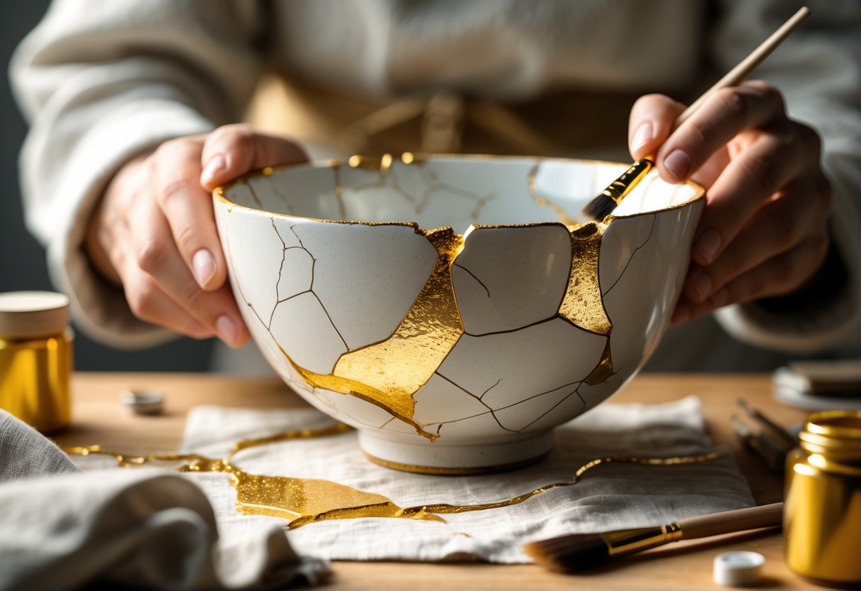 Close-up of hands repairing a cracked ceramic bowl with gold resin, highlighting the cracks filled with gold on a wooden table with repair tools nearby.
