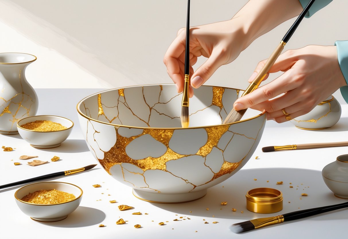 Hands repairing a broken ceramic bowl by filling its cracks with gold resin, surrounded by repair tools and ceramic pieces.