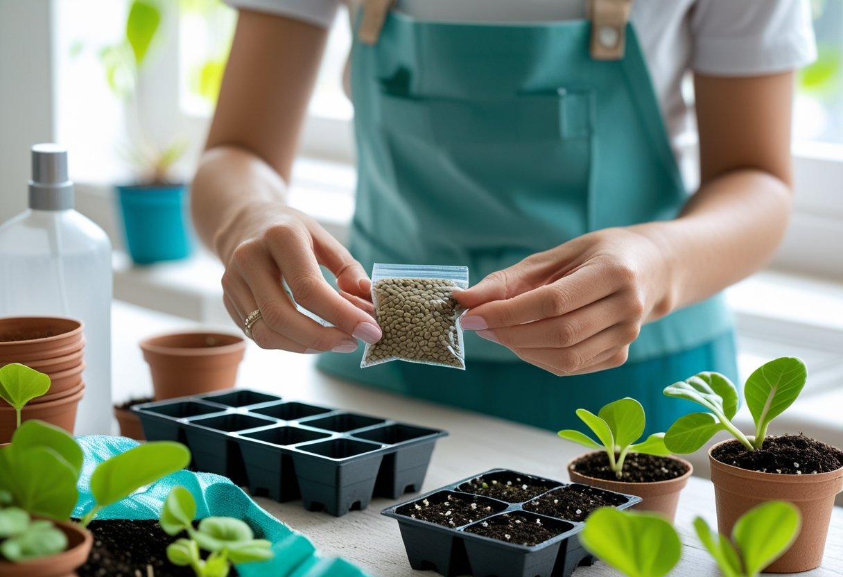 Hands gathering supplies like seed packets, small pots, and soil for growing African violets from seeds on a bright indoor gardening table.