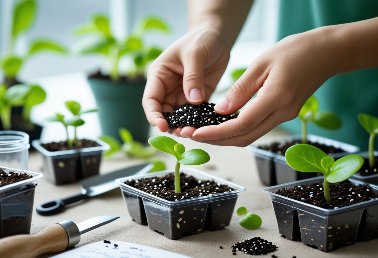 Hands sowing African violet seeds into seedling trays with young violet plants and gardening tools nearby on a bright indoor gardening table.